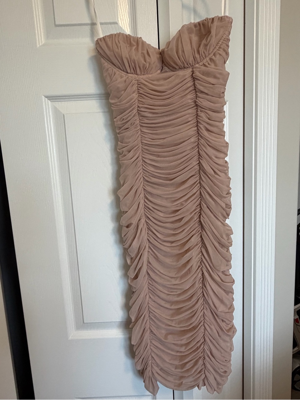 Babaton Strapless Ruched Dress in pink/nude color